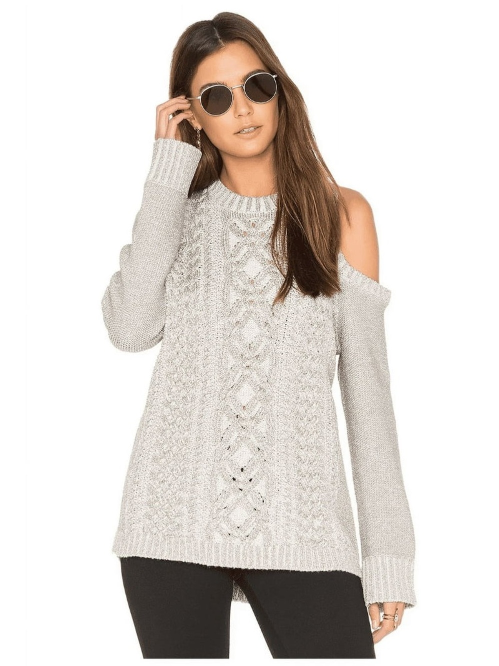EUC BCBGMAXAZRIA Arlene Cold-Shoulder Cable Knit Sweater Champagne w/ Sparkle